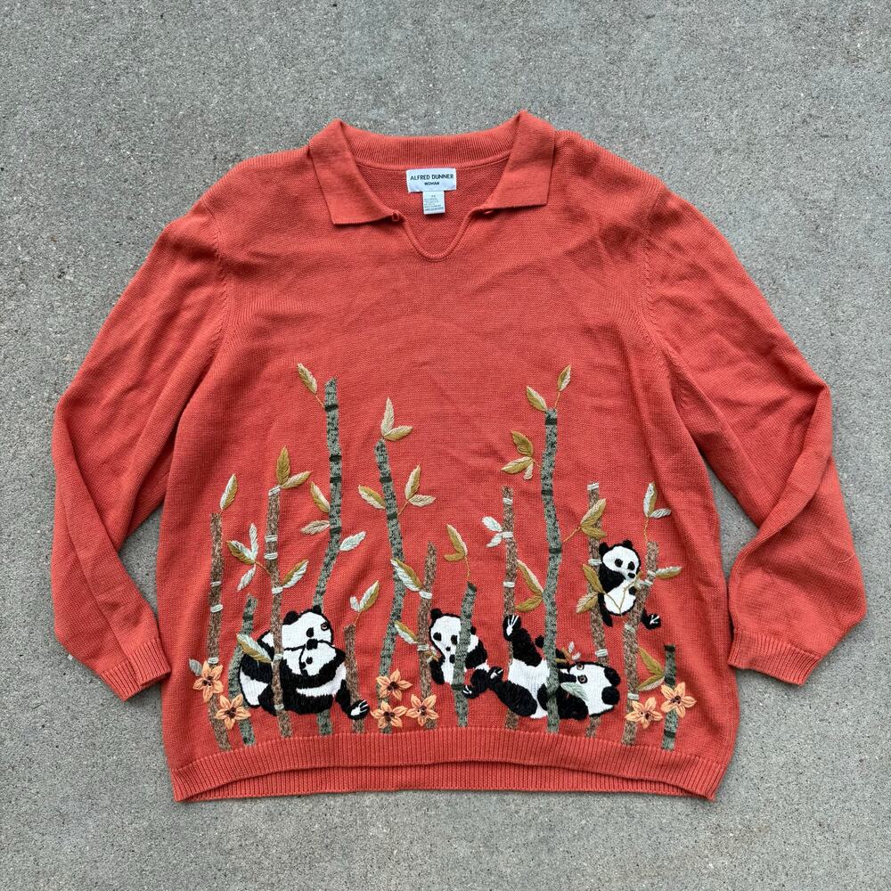 Vintage 90s Alfred Dunner Zoo Pandas Bamboo Zoo Cute Pumpkin V Neck Sweater 3X